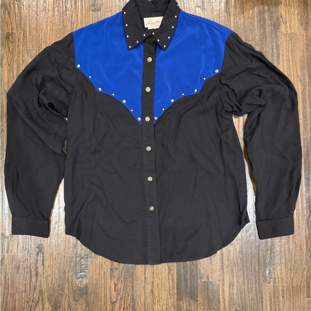 Lucchese Black Western Shirt with Royal Blue Yoke and Stud Detail